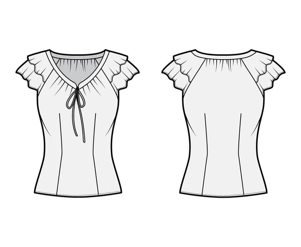 Blusa técnica moda ilustração com laços no decote V, babados fluttery mangas curtas, corpo equipado . — Vetor de Stock
