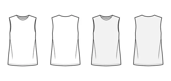 Основная иллюстрация блузки техническая мода с крупногабаритным телом, круглой шеей, без рукавов, длина туники — стоковый вектор