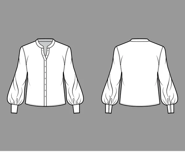 Blus teknisk mode illustration med böjda mandarin krage, långa biskop ärmar med manschett, överdimensionerad kropp. — Stock vektor