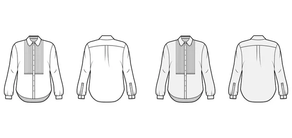 Shirt technische mode illustratie set met slabbetje knoop naar beneden voor opening, ronde kraag, lange mouwen met manchet — Stockvector