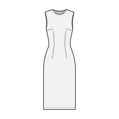 Elbise, teknik tasviri, vücuduna uygun, oval boyun, kolsuz, kalem dolgunluğu, diz boyu.