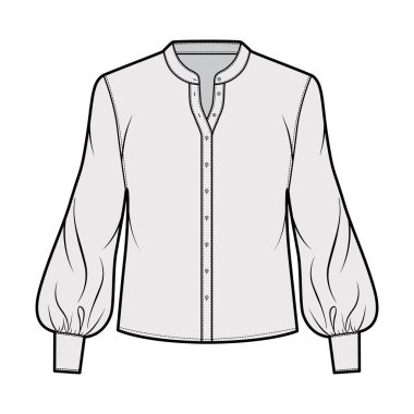 Yakalı gömlek, uzun fil kollu, ön düğmeli, silueti gevşek teknik tasvirler..