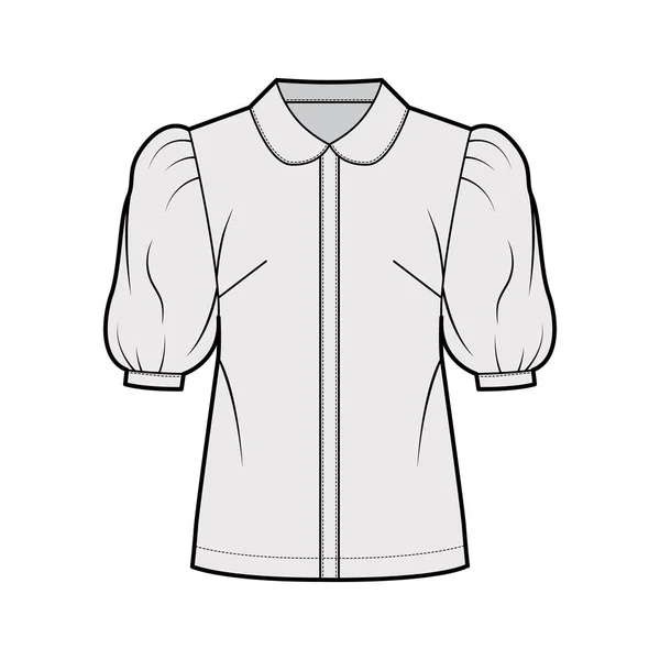 Elleboog puff mouw shirt technische mode illustratie met ronde kraag, knoop-sluiting aan de voorkant, los silhouet. — Stockvector