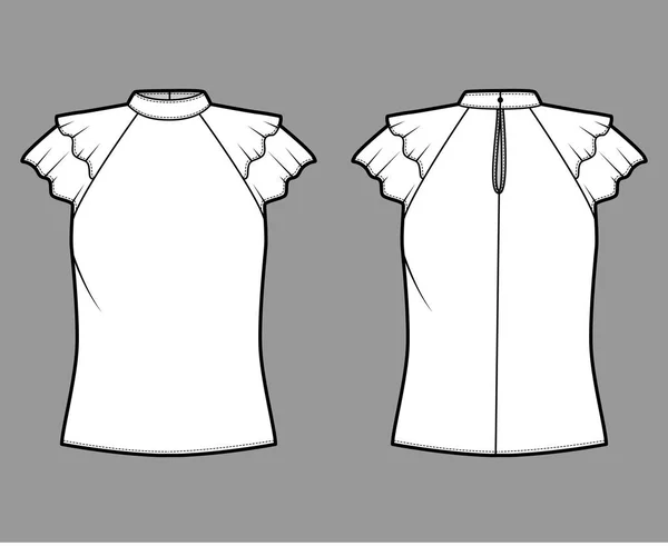 Блузка техническая мода иллюстрация с высоким вырезом полосатый воротник, трепещущие оборки короткие рукава, свободный корпус. — стоковый вектор