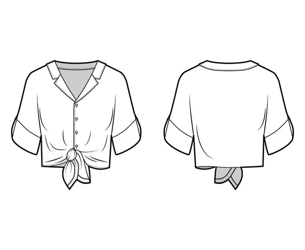 Blusa de lazo delantero ilustración técnica de moda con cuello con muescas de solapa, manga del codo del puño del rodillo . — Archivo Imágenes Vectoriales