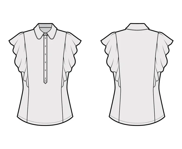 Camisa técnica de moda ilustración con cuerpo ajustado, cuello redondo, botón delantero henley, mangas con volantes . — Archivo Imágenes Vectoriales