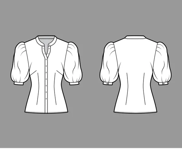 Chemise col montant illustration de mode technique avec manchon soufflé coude, fermeture par bouton avant, silhouette ajustée — Image vectorielle