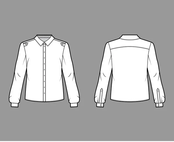 Klassieke militaire stijl shirt technische mode illustratie met knoop placket, schouder epauletten, lange mouwen. — Stockvector