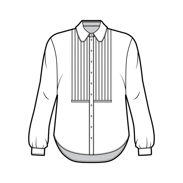Camisa técnica de moda ilustración con botón babero abajo abertura delantera, cuello redondo, mangas largas con puño, de gran tamaño — Vector de stock