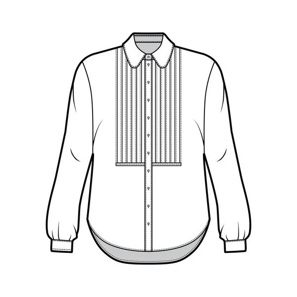 Chemise illustration de mode technique avec bouton à bavette vers le bas ouverture avant, col rond, manches longues avec poignets, surdimensionné — Image vectorielle