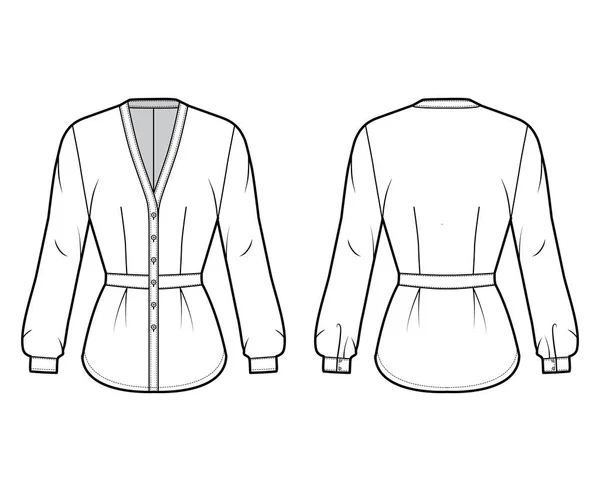 Blusa técnica moda ilustração com, decote em V colarinho de beisebol, mangas compridas, montado, botões de fixação frontal —  Vetores de Stock
