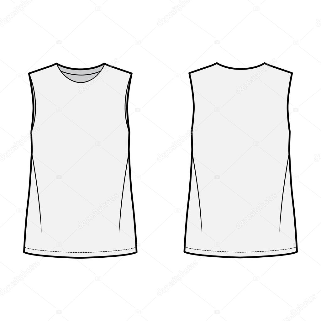 Basic blouse technical fashion illustration with oversized body, round neck, sleeveless, tunic length