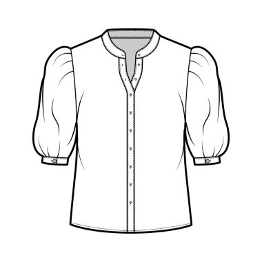 Tasma gömleği, dirsek şişirme kollu, ön düğme takan, silueti gevşek teknik tasvirler.