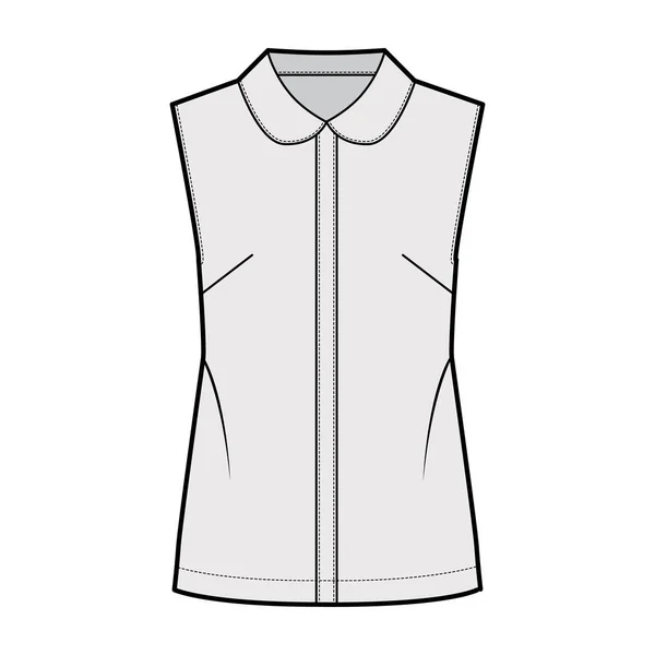 Bluse technische Modeillustration mit rundem Kragen, ärmellose, lockere Silhouette, vorderer Knopfverschluss. — Stockvektor