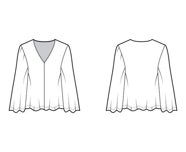 Blusa estilo gitano ilustración técnica de moda con cuerpo de muñeca, cuello en V profundo, túnica de manga larga. — Vector de stock