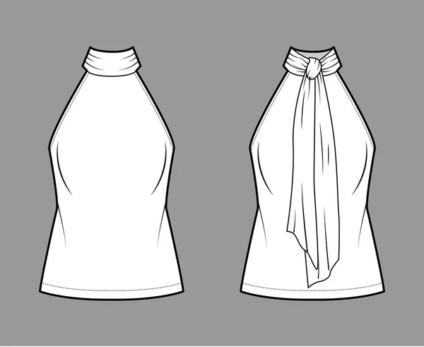 Halterneck top técnica moda ilustração com corpo semi-equipado, laços bichano-arco no pescoço, sem mangas . — Vetor de Stock