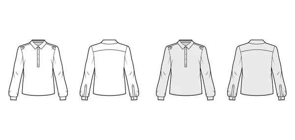 Henley koszula techniczna moda Ilustracja z zapinany placket, ramię epaulettes, klasyczny wojskowy styl — Wektor stockowy