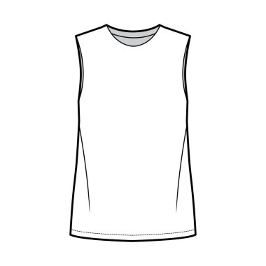 Büyük beden, yuvarlak boyun, kolsuz, tunik uzunluklu basit bir bluz.