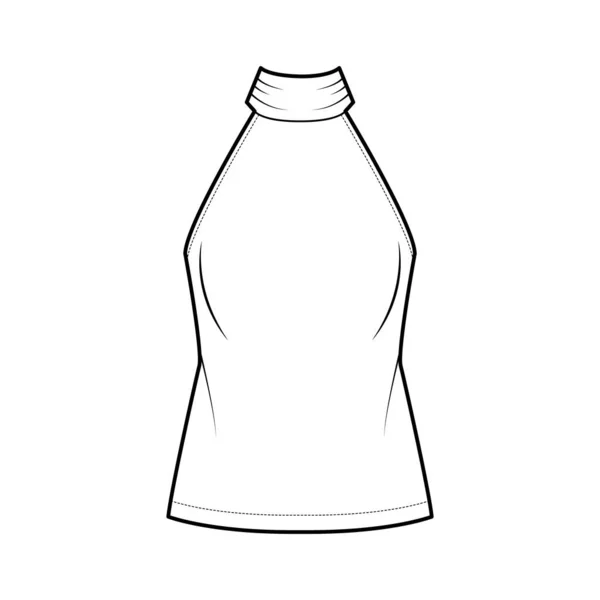 Halterneck top technical fashion illustration with semi-fitted body, ties pussy-bow at neck, sleeveless. — Διανυσματικό Αρχείο