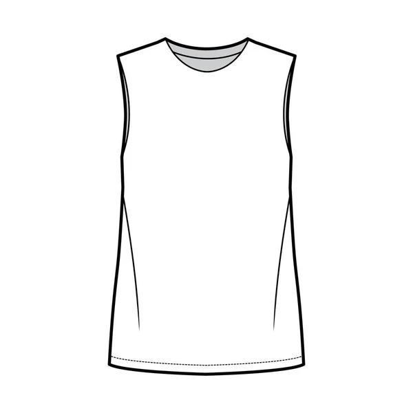 Основна блузка технічна модна ілюстрація з ослабленим тілом, круглою шиєю, без рукавів, довжиною туніки — стоковий вектор