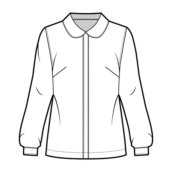 Chemise col rond illustration de mode technique avec silhouette ample, manches longues avec poignets, fermeture par bouton avant — Image vectorielle