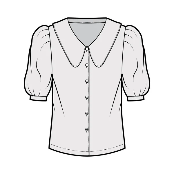 Scalloped γιακά πουκάμισο τεχνική εικόνα μόδας με μανίκι puff αγκώνα, μπροστινό κουμπί-στερέωση, χαλαρή σιλουέτα — Διανυσματικό Αρχείο