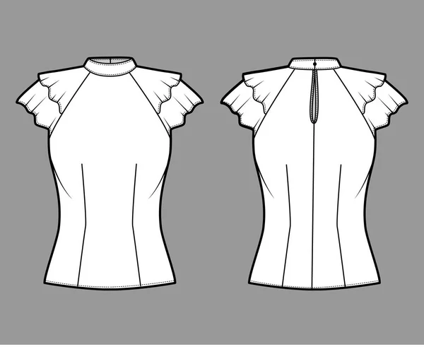 Blusa técnica moda ilustração com gola de decote de alta faixa, babados fluttery mangas curtas, corpo equipado . —  Vetores de Stock