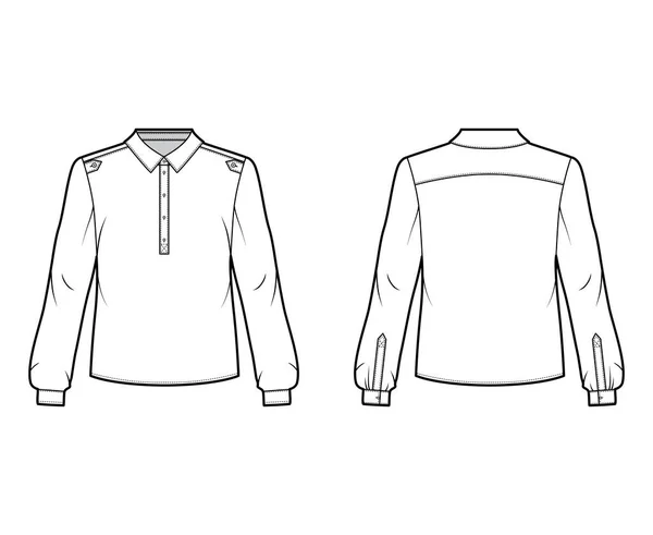 Ilustração técnica da forma da camisa de Henley com carapaça abotoada, epaulettes do ombro, estilo militar clássico —  Vetores de Stock