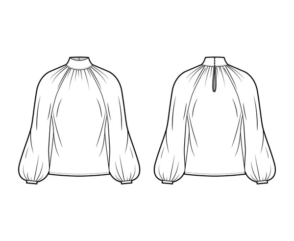 Blusa de pescoço de corte alto ilustração de moda técnica com mangas de bispo compridas ajuste solto, fechadura de fixação de botão na parte de trás — Vetor de Stock