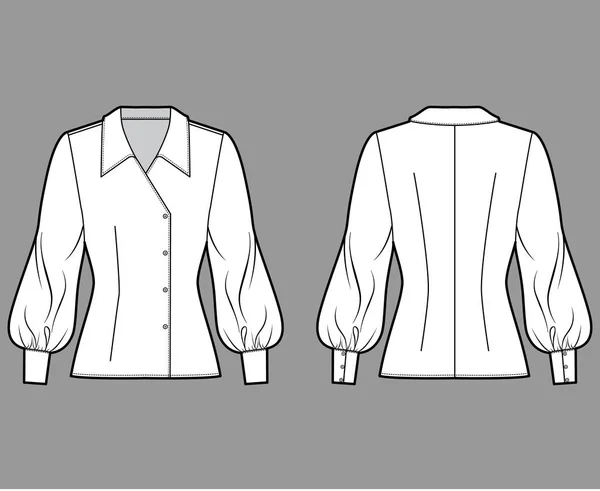 Blusa técnica de moda ilustración con cuello de gran tamaño, manga larga del obispo, cuerpo ajustado, doble pecho . — Vector de stock