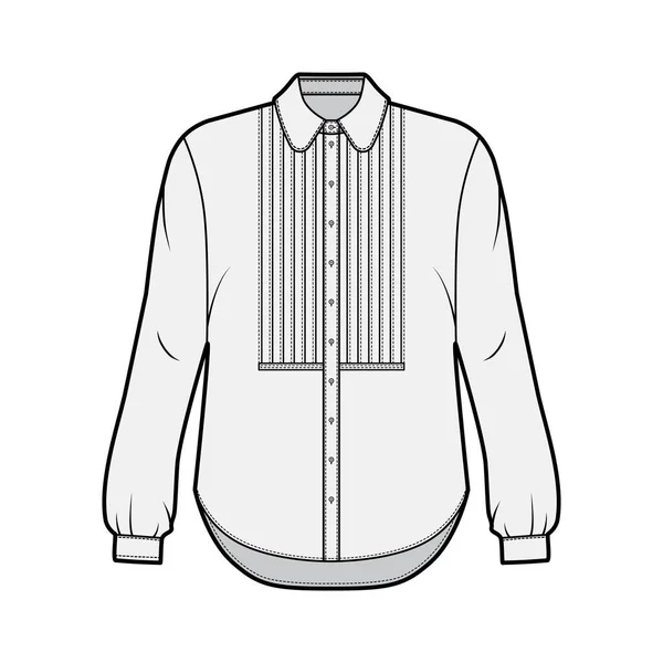 Camisa técnica de moda ilustración con botón babero abajo abertura delantera, cuello redondo, mangas largas con puño, de gran tamaño — Vector de stock