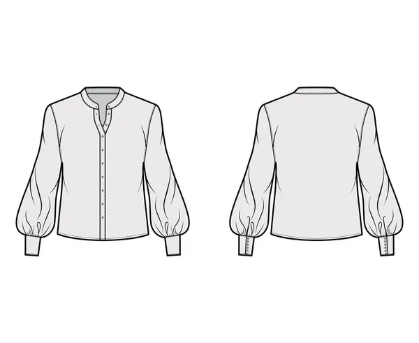Блузка технічна модна ілюстрація з вигнутим мандариновим коміром, довгими єпископськими рукавами з манжетою, негабаритним тілом . — стоковий вектор