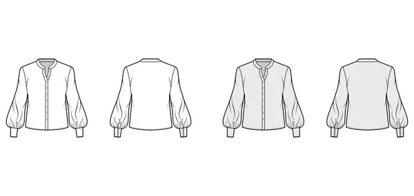 Stativ krage skjorta teknisk mode illustration med lång biskop ärm, främre knapp-infästning, lös silhuett. — Stock vektor