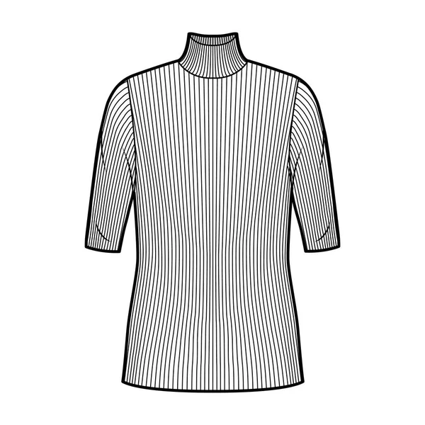 Jersey de punto acanalado con cuello alto ilustración técnica de moda con mangas de codo, cuerpo sobredimensionado, longitud de túnica. — Vector de stock