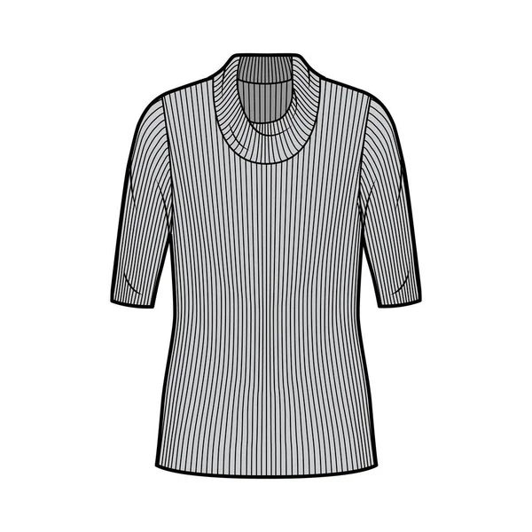 Chaqueta acanalada cuello alto jersey de punto ilustración técnica de moda con mangas de codo, cuerpo de gran tamaño, longitud de la túnica. — Vector de stock