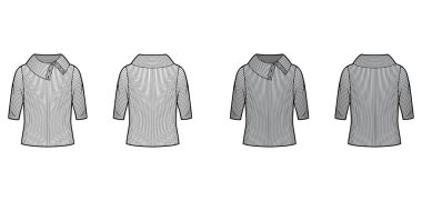 Geniş düğmeli balıkçı yaka. Tırtıklı kazak. Dirsek kollu, büyük beden ölçüleri olan teknik tasvirler.. 