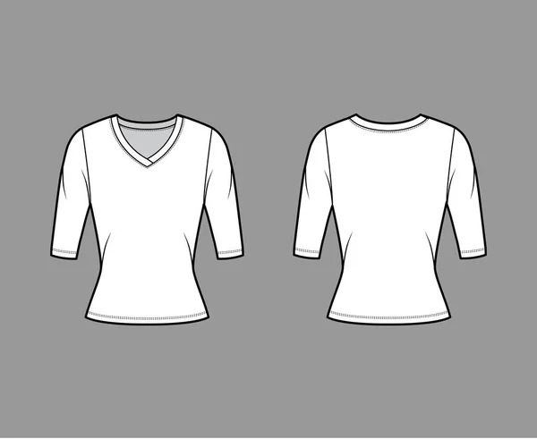 V-neck svetr technické módní ilustrace s lokty rukávy, těsně padnoucí tvar. — Stockový vektor
