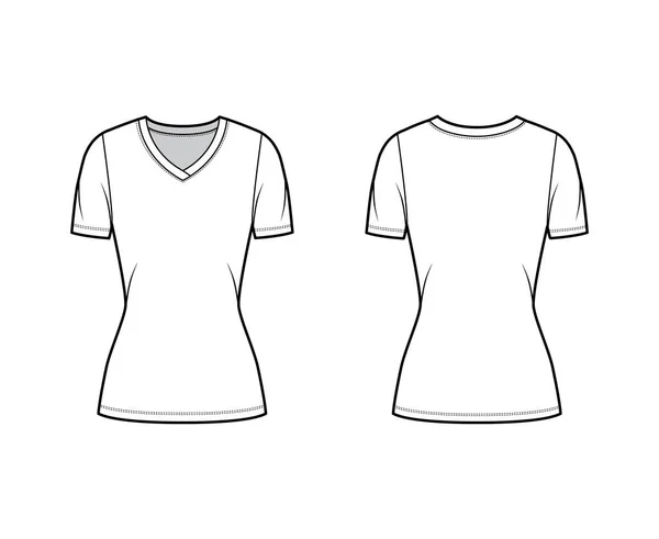 V-pescoço camiseta camiseta técnica moda ilustração com mangas curtas, forma close-fitting, comprimento túnica — Vetor de Stock