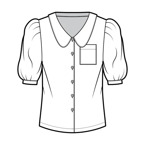 굵은 칼라 셔츠 기술 패션 일러스트 팔꿈치 퍼프 슬리브, 프론트 버튼 압축, 느슨 한 실루엣 — 스톡 벡터