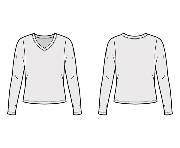 V-neck svetr technické módní ilustrace s dlouhými rukávy, nadrozměrné tělo — Stockový vektor