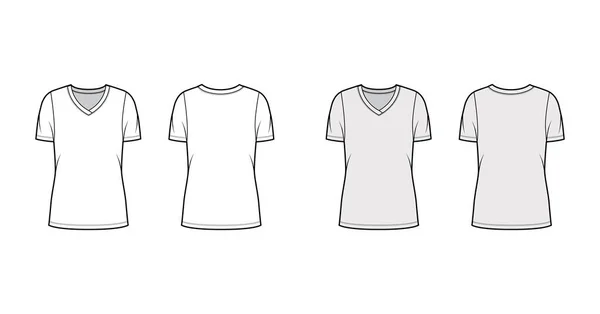 V-neck jersey t-shirt technical fashion illustration with short sleeves, oversized body, tunic length. — Stock Vector