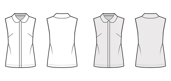 Blusa ilustración técnica de moda con cuello redondo, sin mangas, silueta suelta, cierres de botón delantero. — Archivo Imágenes Vectoriales