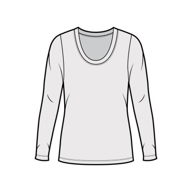 Kazak kepçesi uzun kollu, büyük bedenli, tunik uzunluklu teknik moda çizimi.. 