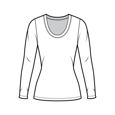 Uzun kollu, kısa biçimli, tunik uzunluklu, kepçe yaka formalı, teknik moda illüstrasyonu.. 