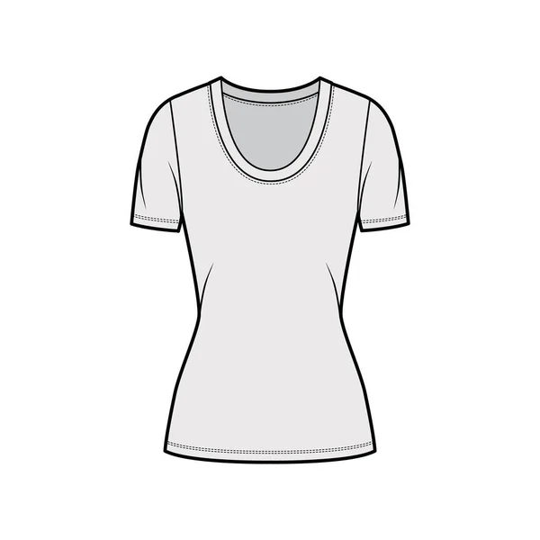 Tričko Scoop neck technické módní ilustrace s krátkými rukávy, přiléhavý tvar, délka tuniky — Stockový vektor