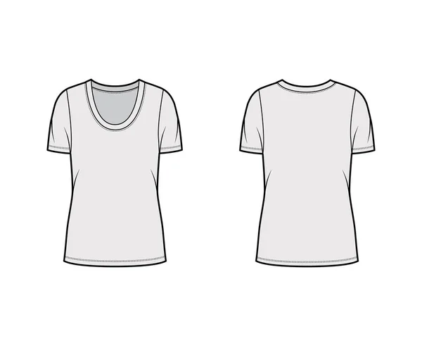 Camiseta cuello redondo camiseta técnica moda ilustración con mangas cortas, cuerpo de gran tamaño, longitud de la túnica. — Vector de stock