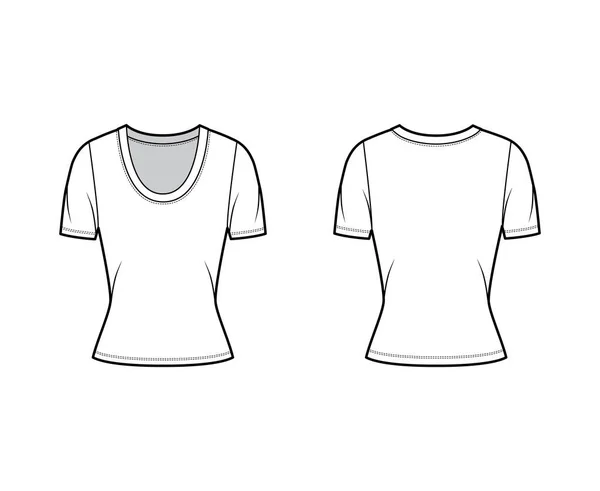 Scoop hals jersey t-shirt technische mode illustratie met korte mouwen, close-fitting vorm. — Stockvector