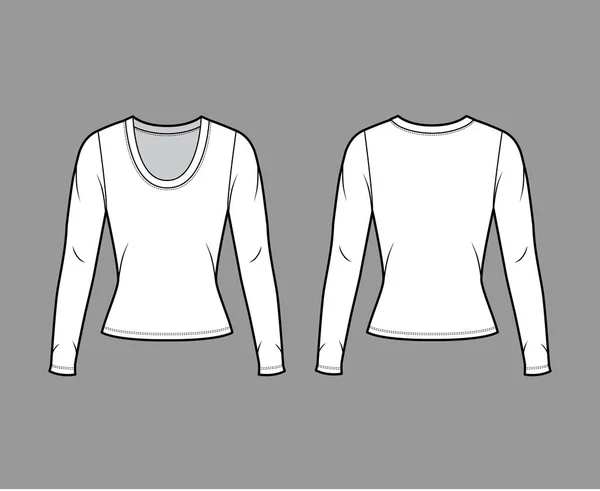 Scoop hals jersey shirt technische mode illustratie met lange mouwen, close-fitting vorm. — Stockvector