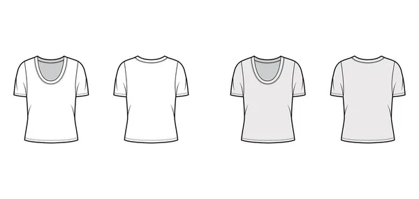 Scoop hals tröja t-shirt teknisk mode illustration med korta ärmar, överdimensionerad kropp. — Stock vektor