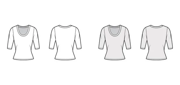 Scoop szyi sweter sweter techniczny moda ilustracja z rękawami łokcia, blisko dopasowany kształt. — Wektor stockowy
